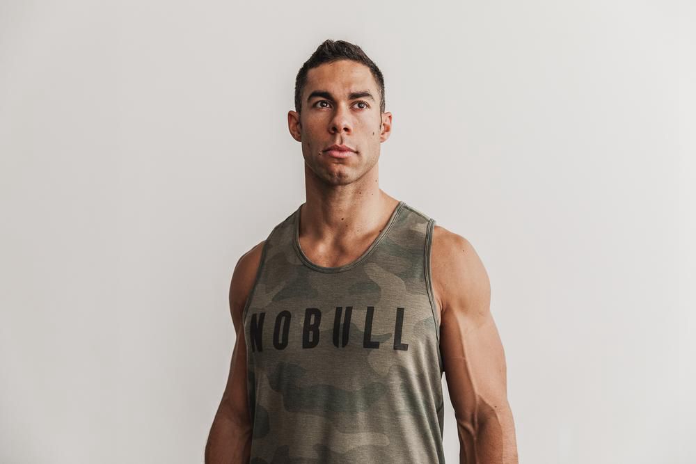 NOBULL Men's Tank Tops - Army Green Camo - Ireland (6018WALBH)